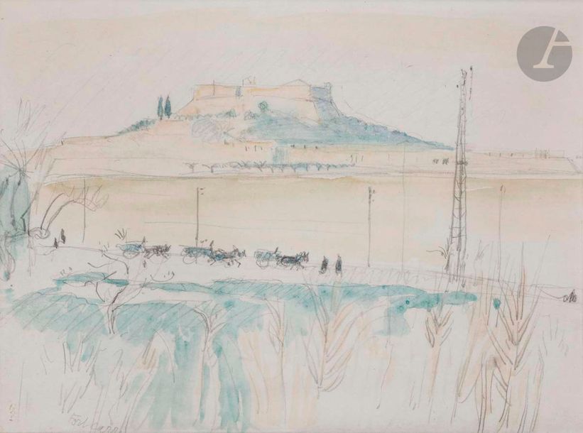 Maurice DENIS (1870-1943)
Antibes, le fort carré, vers 1948
Mine de plomb et aquarelle.
Monogrammée en bas à gauche.
Située.
19,5 x 26 cm