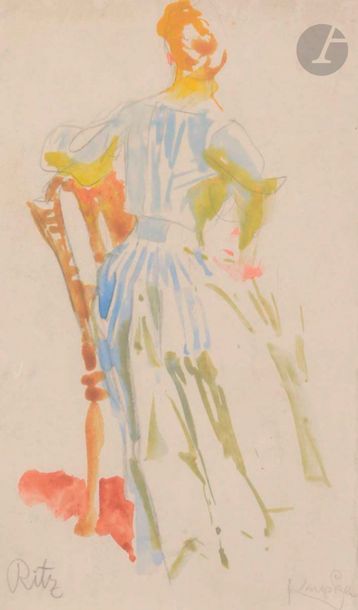 František KUPKA (1871-1957)
Femme assise vue de dos, vers 1901-05
Aquarelle sur traits de crayon noir.
Signée au crayon noir en bas à droite.
Annotée au crayon noir en bas à droite Ritz.
(Contrecollée).
Cadre.
18 x 13 cm

Un certificat de Monsieur Pierre Brullé sera remis à l'acquéreur.