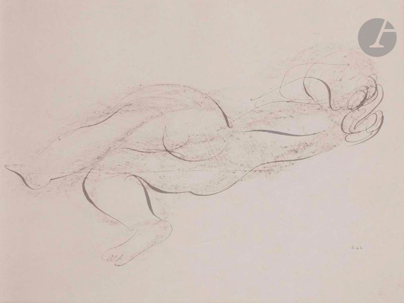 Jean FAUTRIER (1898-1964)
Nu allongé, 1944
Encre et estompe.
Monogrammée et datée en bas à droite.
27,5 x 34,5 cm