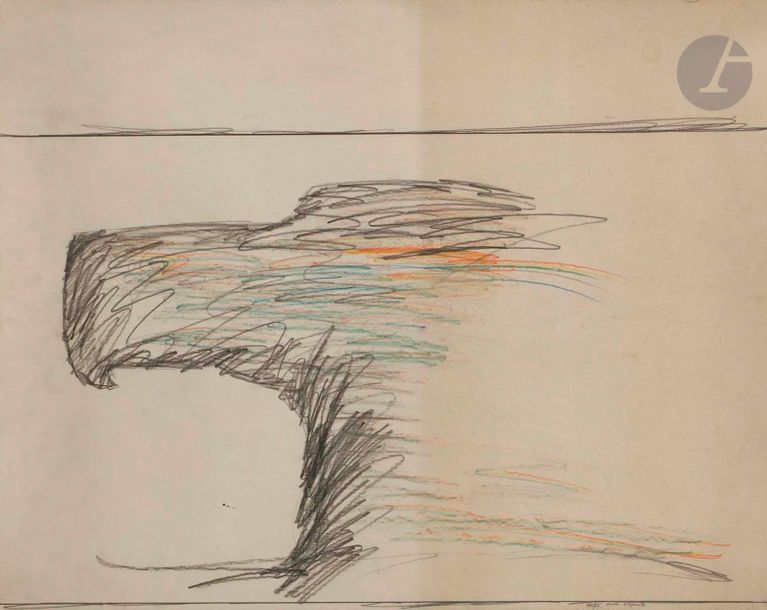 Franco ANGELI (1935-1988)
Sans titre, vers 1965
Crayon noir et crayons de couleurs.
Signé en bas à droite.
51 x 66 cm

Provenance :
Collection du critique d'art Pierre Restany, Paris.

En cours d'archivage aux Archives Franco Angeli, Rome.
Nous remercions Madame Elisa Francesconi pour les informations qu'elle nous a données sur cette œuvre.