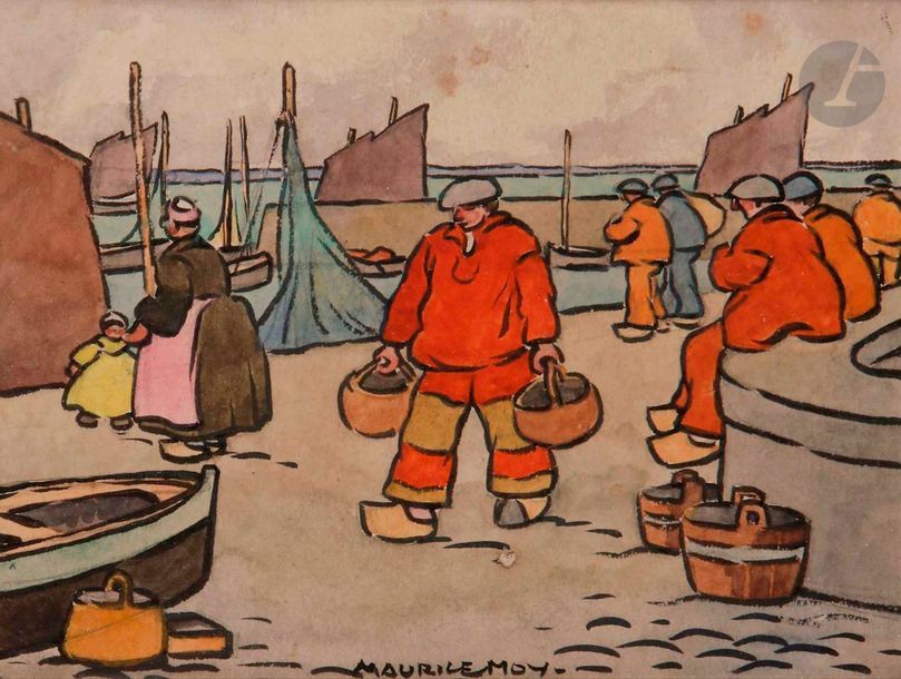 Maurice MOY (1883-1945)
Port animé en Bretagne
Encre et aquarelle.
Signée en pied.
12,5 x 16 cm