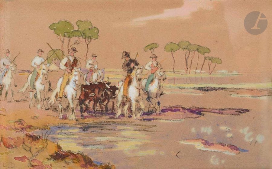 Édouard DOIGNEAU (1865-1954)
Taureaux de Camargue
Aquarelle sur traits de crayon noir.
Monogrammée en bas à gauche.
11,5 x 18 cm