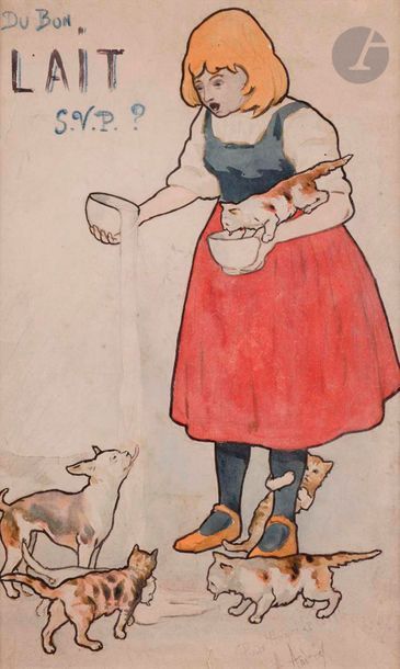 A. ANDREAS (c.1864-1899)
Du Bon Lait s.v.p. ?
Encre et aquarelle sur traits de crayon.
Signée et dédicacée en bas à droite.
(Déchirures).
35 x 21 cm