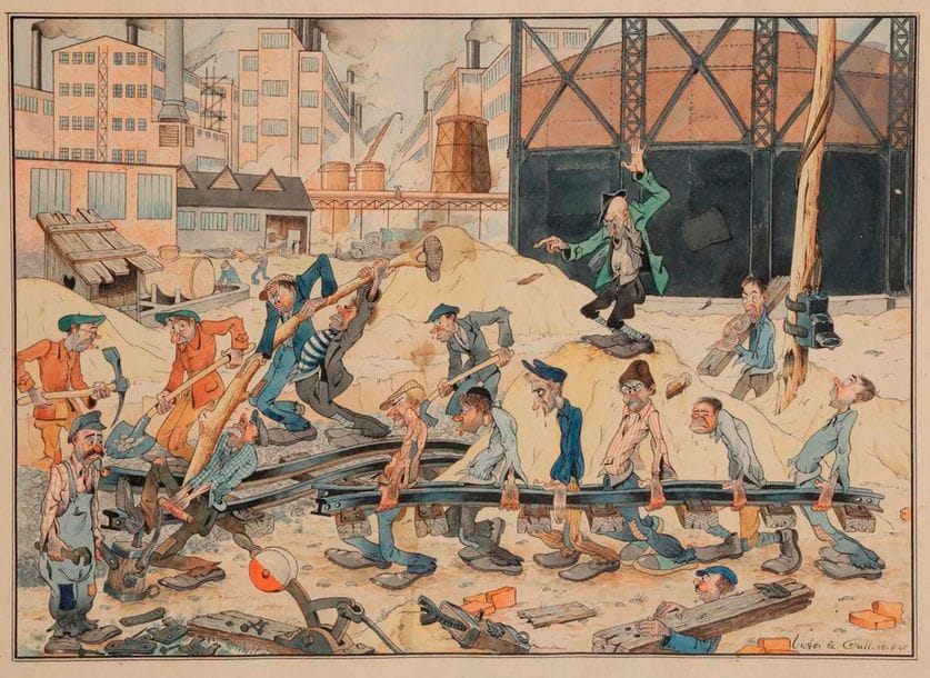 Victor le GALL (XXe siècle)
Les Travailleurs, 1945
Encre et aquarelle.
Signée et datée en bas à droite.
28,5 x 38 cm