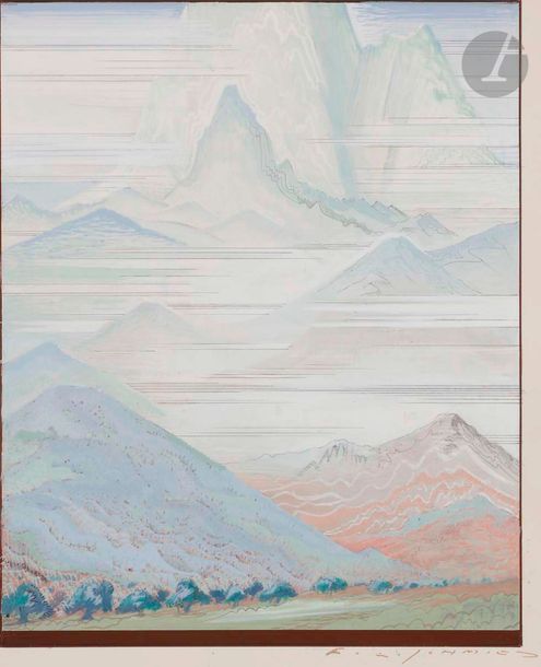 François-Louis SCHMIED (1873-1941)
Paysage de montagnes (étude préparatoire pour un sujet non publié dans l'ouvrage " Sud-Marocain. Grand-Atlas. Anti-Atlas "), 1936
Gouache sur traits de plume et d'encre sépia sur vélin fort ivoire, signée à la plume et à l'encre sépia.
Long envoi à la plume en pied : " à Raymond Hesse à l'ami dévoué et sensible en témoignage du plus affectueux attachement F. L. Schmied ".
Annotation en bas à gauche par une autre main.
(Petits trous d'épingles dans les angles du sujet.)
29,8 x 23,7 cm

Raymond Hesse (1884-1967) était un avocat, bibliophile et écrivain.