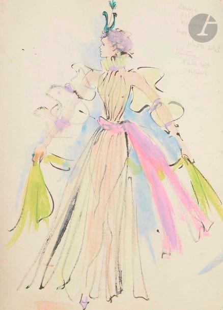 Christian BÉRARD (1902-1949)
Étude de costume pour la Reine Margot, 1935
Encre et gouache.
Annotée en haut à droite.
31 x 22,5 cm