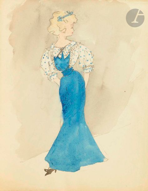 Christian DIOR (1905-1957)
Femme en robe bleue (projet de costume)
Aquarelle.
Non signée.
32,5 x 25,5 cm