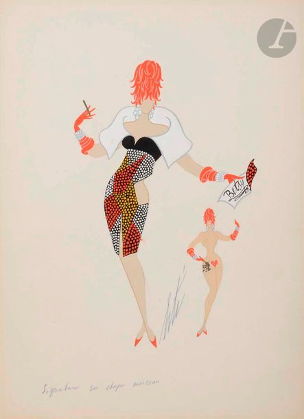 Romain de Tirtoff dit ERTÉ (1892-1990)
Folies Pigalle - La Robe de la star, 1958
Gouache.
Signée en pied.
Titrée au dos.
37,5 x 27 cm

Provenance : 
Collection Hélène Martini, ancienne propriétaire des Folies Bergères.