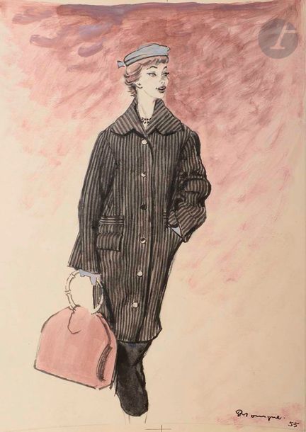 Pierre MOURGUE (1890-1969)
Manteau sport - Magazine Actualité Couture, 1955
Encre et gouache.
Signée et datée en bas à droite.
35 x 26,5 cm