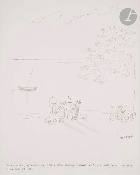 Jean-Jacques SEMPÉ (né en 1932)
En revanche, la femme...
Encre et lavis d'encre.
Signée en bas à droite.
Légendée " En revanche, la femme, elle, trouve dans l'accomplissement des tâches quotidiennes, matière à sa réalisation. " en pied.
40 x 33 cm

Provenance : 
Galerie Martine Gossieaux, Paris.

Bibliographie : 
SEMPÉ, Insondables Mystères, Denoël, Paris, 1993, p. 56.