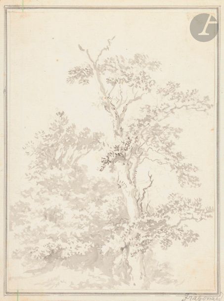 Attribué à Jean-Baptiste Le PRINCE (Metz 1734 - Lagny-sur-Marne 1781)
Étude d'arbre
Lavis gris sur traits de crayon noir.
Annoté dans le bas sur le montage " Fragonard ".
21 x 15,5 cm