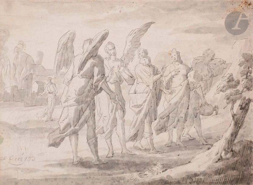 Lorenzo QUIROS (Los Santos de Maimona 1717 - Séville 1789)
Loth et ses filles fuyant l'incendie de Sodome
Plume et encre noire, lavis gris sur traits de crayon noir.
Signée en bas à gauche.
On joint deux dessins de l'école espagnole, une femme en prière et le martyre d'une sainte.