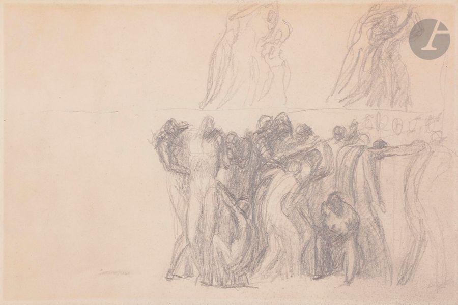 George ROMNEY (Dalton-in-Furness 1734 - Kenda 1802)
Étude pour une scène d'histoire : assemblée de personnages
Crayon noir.
(Légèrement insolé).
14 x 23 cm