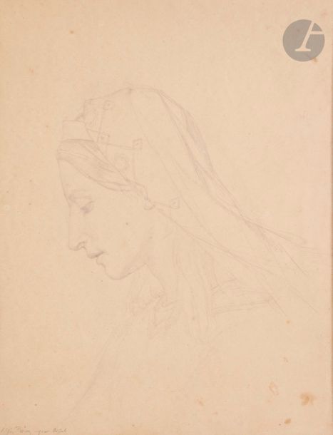 Alphonse PERRIN (Reims 1798 - Reims 1874)
Portrait de femme de profil gauche la tête baissée
Crayon noir.
Signé et dédicacé en bas à gauche.
28 x 21,5 cm