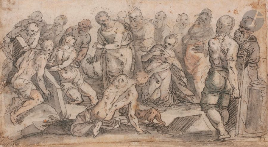 Attribué à Caspar FREISINGER (Ochsenhausen 1560 - Ingolstadt 1599)
La résurrection de Lazare
Plume et encre noire, lavis gris et lavis de sanguine sur traits de crayon noir.
Ancienne étiquette apposée au verso de l'encadrement à la plume et encre brune peu lisible.
(Bande de papier ajoutée dans le bas, manque au coin inférieur gauche, pliures et petites taches).
18 x 32 cm