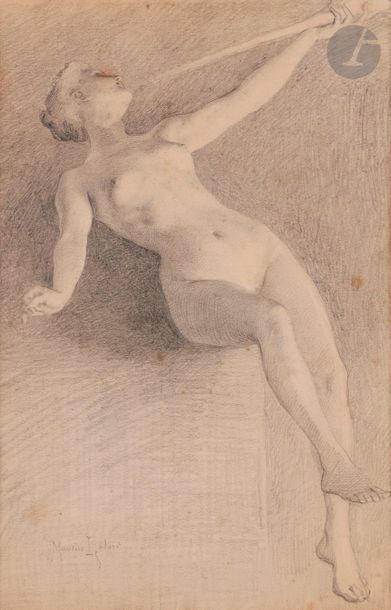 Maurice LELOIR (Paris 1853 - Paris 1940)
Femme nue, étude pour une Renommée
Crayon noir.
Signé en bas à gauche. 
(Dessin collé sur les bords, taches).
35,5 x 23 cm