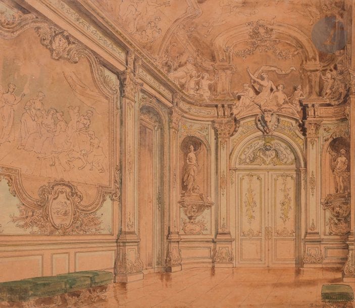 Louis PILLE (Paris 1866 - Rome 1899)
Relevé de la galerie dorée de la Banque de France
Plume et encre noire, aquarelle sur traits de crayon noir.
Monogrammée en bas à droite et datée " novembre 91 ".
Annotée au verso " grand prix de Rome d'architecture en 1896 / Galerie dorée de la banque de France / ancien hôtel du Comte de Toulouse ".
32 x 37,5 cm