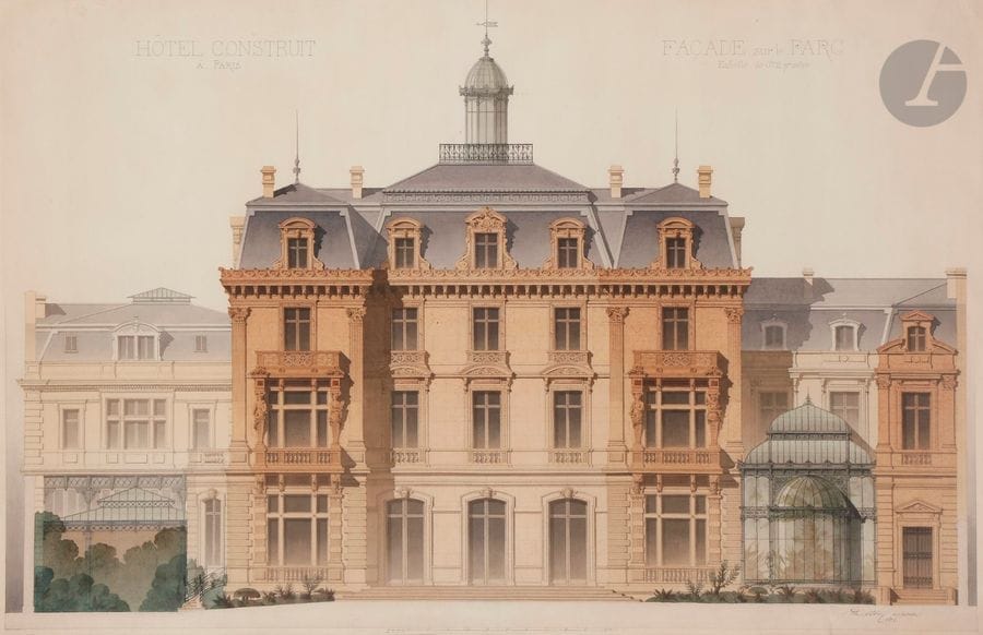 Denis-Louis DESTORS (Gonesse 1816 - Choisy-Le-Roi 1882)
Elévation de la façade sur le parc de l'Hôtel de Camondo
Aquarelle sur traits de crayon noir.
Signée et datée en bas à droite " 1876 ".
On y joint une gravure de l'Hôtel Camondo.
65 x 99 cm

En 1869, les deux frères Abraham-Béhor (1829-1889) et Nissim de Camondo (1830-1889), banquiers juifs originaires de Constantinople, décident de s'installer à Paris pour développer la banque familiale. Un an plus tard, ils font l'acquisition de deux terrains mitoyens rue du Monceau, en bordure du parc. Le comte Nissim de Camondo se fait bâtir un hôtel particulier au n° 63 rue de Monceau et son frère le comte Abraham-Béhor de Camondo confie à l'architecte Denis-Louis Destors (1816-1882), élève de Charles Garnier, le projet de son futur hôtel au n° 61 rue de Monceau. L'hôtel, de style éclectique, est achevé en 1875. Denis-Louis Destors recevra d'ailleurs pour ce projet la médaille d'argent de l'architecture privée, décernée par la Société centrale des architectes. Cette coupe longitudinale est un témoignage inédit de cet hôtel dont le décor intérieur initial est aujourd'hui détruit.
Une vue de la façade sur la cour de l'hôtel du comte Abraham-Behor de Camondo réalisée par Denis-Louis Destors en 1876 figure dans les collections du Musée des Arts décoratifs, Paris (n° d'inventaire: CAM 2012.2.1).