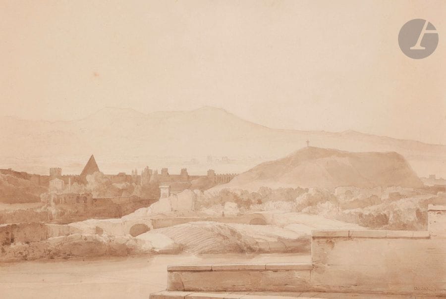 Jean ALAUX (Bordeaux 1786 - Paris 1864)
Vue de Rome
Lavis brun sur traits de crayon noir.
Signé en bas à droite.
(Légèrement insolé, pliures et petites taches).
27,5 x 41,5 cm