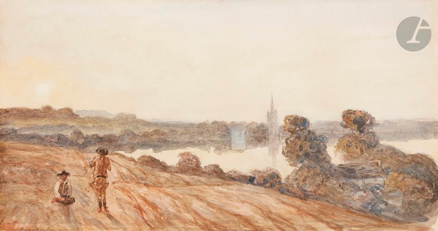 Paul HUET (Paris 1803 - Paris 1869)
Hommage au soleil, Rosporden
Aquarelle sur traits de crayon noir.
Située en bas à gauche " Rosporden ".
Cachet de la vente de l'atelier en bas à gauche (L.1268).
(Petites traces de colle dans le haut).
19 x 36 cm

Cette oeuvre sera incluse au Catalogue Raisonné de Paul Huet en cours de préparation par Madame Elisabeth Maréchaux Laurentin