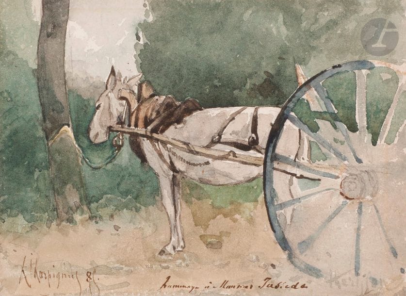Henri-Joseph HARPIGNIES (Valenciennes 1819  - Saint-Privé 1916)
Mulet attelé
Aquarelle sur traits de crayon noir.
Signée et datée en bas à gauche " 89 ? " et dédicacée en bas à droite " A monsieur Jasiede ? ".
12 x 17 cm