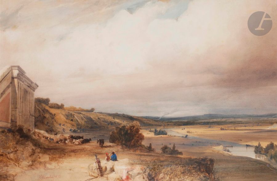 Sigismond HIMELY (Paris 1801 - Paris 1872)
La vallée de la Seine de la terrasse de Saint-Germain-en-Laye
Aquarelle, partiellement gouachée et quelques grattages.
Signée en bas à gauche et datée " 1833 ".
Annotée au verso de l'encadrement " vue de l'aqueduc de Marly, prise de la terrasse de saint Germain ".
(Petites taches).
47 x 72,5 cm