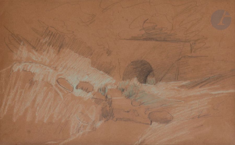 Antoine CHINTREUIL
(Pont-de-Vaux 1814 - Septeuil 1873)
Igny, pont sur le ruisseau, vers 1850-57
Mine de plomb et rehauts de craie.
Non signée.
Porte un cachet.
21,5 x 34,5 cm

Provenance :
Galerie Claude Aubry, 1980.

Nous remercions Monsieur Michel Lechelon pour les informations qu'il nous a transmises.