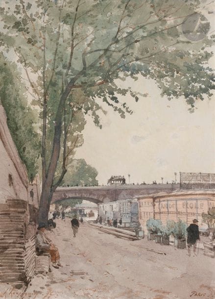 Henri Joseph HARPIGNIES (Valenciennes 1819 - Saint-Privé 1916)
Bord de Seine à Paris, 1892
Aquarelle sur traits de crayon noir.
Signée et datée en bas à gauche.
Située en bas à droite.
35,5 x 25,5 cm