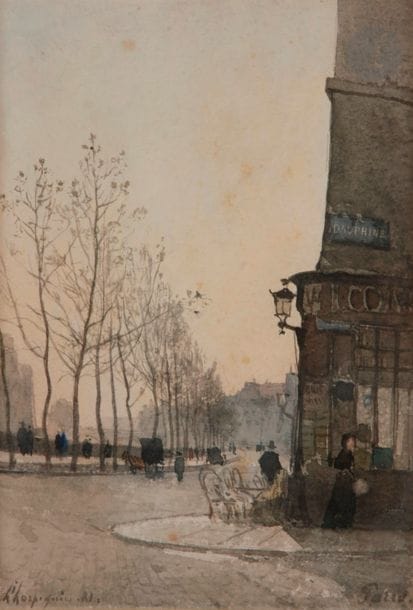 Henri Joseph HARPIGNIES (Valenciennes 1819 - Saint-Privé 1916)
Paris, la rue Dauphine, 1881
Aquarelle.
Signée et datée en bas à gauche.
Située.
(Petites rousseurs).
26,5 x 18 cm

Provenance : 
Galerie Jean-Claude Bellier, Paris (étiquette au dos du montage).