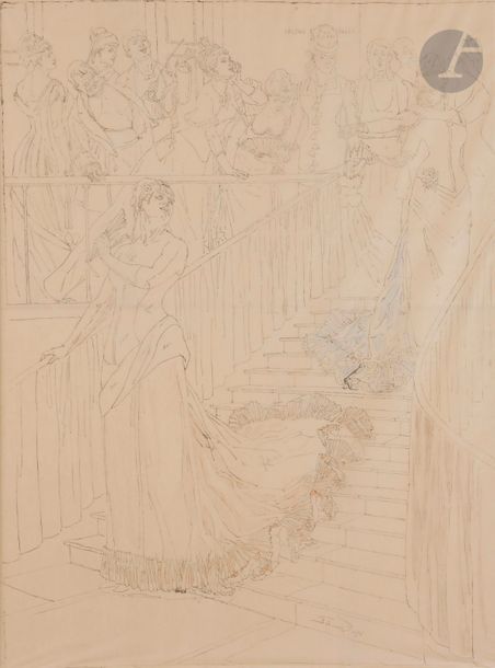 Félicien ROPS (Namur 1833 - Essonnes 1898)
L'Attrapade, 1877
Encre et crayon de couleurs sur papier calque.
Signée en bas à droite.
76 x 57 cm

Nous remercions Madame Monique Cuvelier-Ladot, Présidente du Fonds Félicien Rops (www.fondsrops.org), de nous avoir confirmé l'authenticité de cette œuvre.

Fondateur à Bruxelles de la société internationale des aquafortistes, en 1869 et membre fondateur du Groupe des XX en 1883, le graveur et dessinateur Félicien Rops s'attacha à magnifier la femme. À Paris, il réalise ainsi en janvier 1877, L'Attrapade, l'un de ses chefs d'œuvre, où deux femmes présentées comme des objets de désir se font face. après l'avoir malencontreusement tachée d'encre, l'artiste s'appuie sur cette première version pour réaliser notre calque qu'il annote, avant de la découper. Félicien rops pu alors réaliser une seconde version de L'Attrapade, visible aux musées royaux des Beaux-Arts de Belgique (inv. 3567).