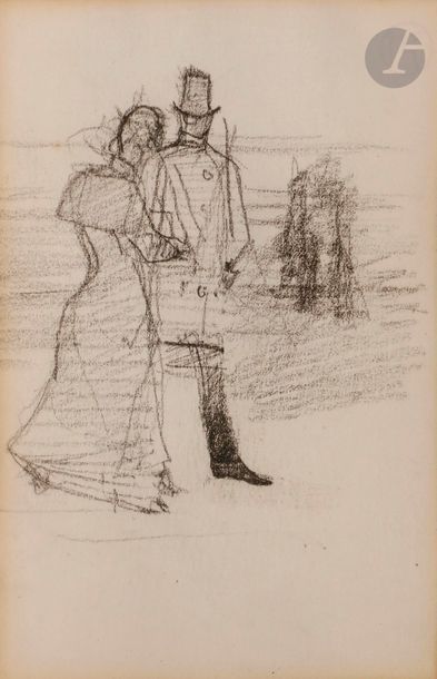 Henri de TOULOUSE-LAUTREC (Albi 1864 - Saint-André-du-Bois 1901)
La Promenade, vers 1876-1881
Crayon noir.
Porte le timbre de l'atelier au dos.
Au dos : étude de couple.
14,5 x 9,5 cm

Provenance : 
- Collection Baron Louis de Chollet, Fribourg.
- Ventes Maîtres Ader, Picard, Tajan, Paris, 4 juillet 1990, n° 52.

Bibliographie : 
- Maurice Joyant, Henri de Toulouse-Lautrec, 1864-1901, Dessins-Estampes-Affiches, Paris, H. Floury Editeur, 1926-27, p. 178.
- Henri Focillon, Dessins de Toulouse-Lautrec, Lausanne, Editions Mermod, 1959, reproduit p. 8.
- Madeleine Grillaert-Dortu, Toulouse-Lautrec et son Œuvre, Catalogue des Dessins, Volume IV, New York, Editions Collectors, 1971, n° D619 et D620, reproduit p. 104 et 105.