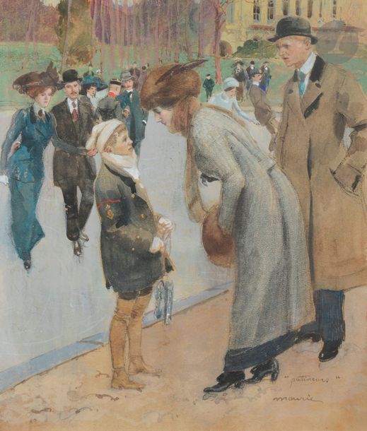 Gaston MAURIÉ (1873-1912)
Patineurs
Aquarelle sur traits de fusain.
Signée et titrée en bas à droite.
36 x 31 cm