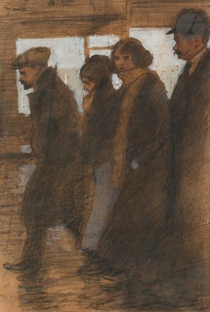 Gaston MAURIÉ (1873-1912)
Le Soir dans la rue
Fusain, pastel et rehauts de gouache blanche.
Signé en haut à gauche.
42 x 29 cm
