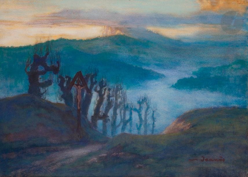 Sigismond JEANÉS (1862-1952)
Lac de brume
Pastel et aquarelle.
Signé en bas à droite.
Titré sur une étiquette au dos du montage.
77,5 x 56 cm