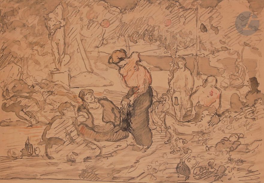 Louis VALTAT (1869-1952)
La Guinguette au bord de l'eau, 1895
Encre, lavis d'encre et aquarelle.
Timbre en bas à droite.
43 x 64 cm

Notre dessin est une étude préparatoire pour le tableau éponyme (Vente Drouot Estimation, Paris, 14 Décembre 2018, n° 96).