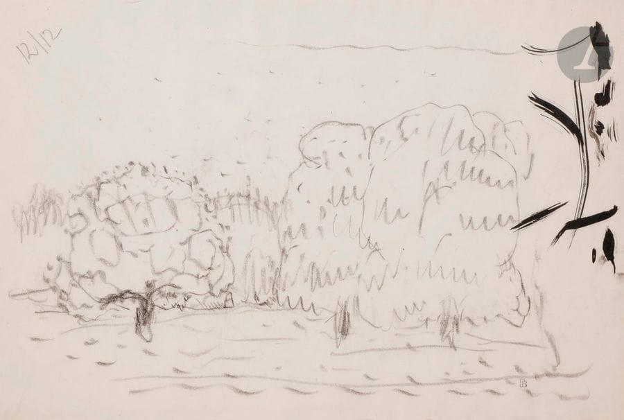 Pierre BONNARD (1867-1947)
Paysage, vers 1912-1913
Fusain et encre noire.
Porte le timbre de l'atelier en bas à droite.
18,5 x 27 cm

Provenance : 
L'œuvre est référencée dans l'inventaire de la succession Bonnard sous le n° 523.

Un certificat de Madame Pierrette Vernon, en date du 19 janvier 2011, sera remis à l'acquéreur.