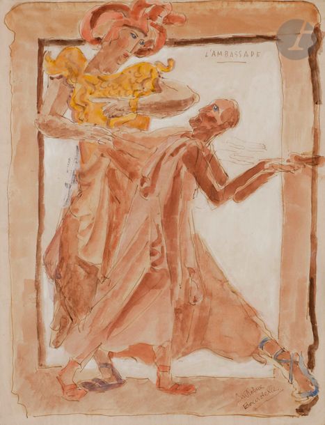 Émile-Antoine BOURDELLE (1861-1929)
L'Ambassade
Encre et aquarelle.
Signée en bas à droite.
27 x 20,5 cm