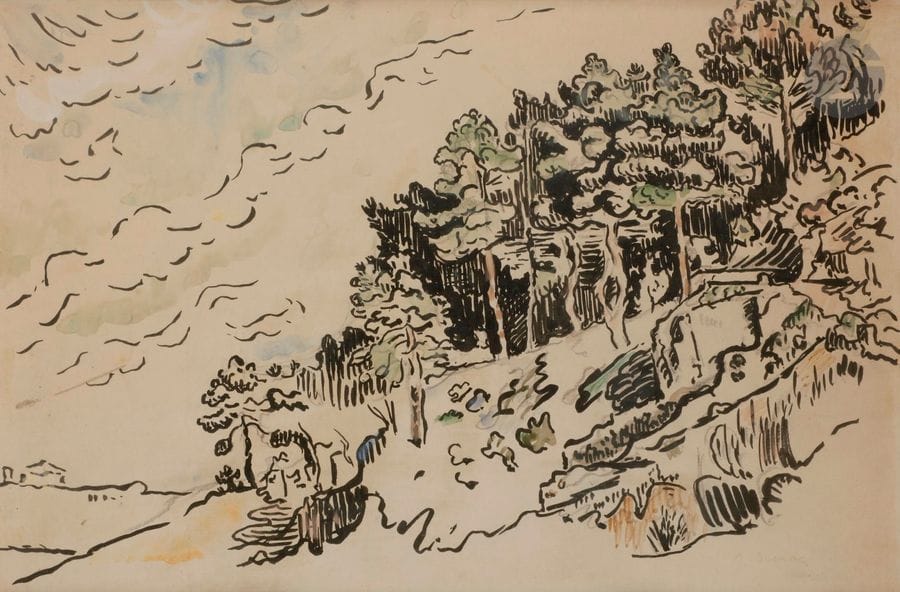 Paul SIGNAC (1863-1935)
Saint-Tropez, le chemin des douaniers, vers 1906
Encre de Chine et aquarelle.
Porte une signature en bas à droite.
27,5 x 42,5 cm

Bibliographie : 
Notre dessin peut-être une étude préparatoire à La Calanque, une huile sur toile réalisée en 1916 et exposée au Musée royal d'Art de Bruxelles (inv. 5090).

Une attestation n° 2020.26.02/19 de Madame Marina Ferreti, en date du 25 février 2020, sera remise à l'acquéreur.