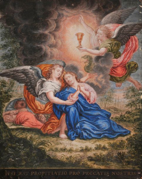 Pierre-Paul SEVIN
(Tournon-sur-Rhône 1650 - Tournon-sur-Rhône 1710 ?)
Le Christ au Jardin des Oliviers
Gouache sur vélin.
Signée et datée en bas à droite à la plume et encre brune " 1689 ". Légendée dans le bas en latin " ipse est propitiatio pro peccatis nostres ". 
(Pliures et petites taches, quelques épidermures et rayures).
31 x 24 cm 
