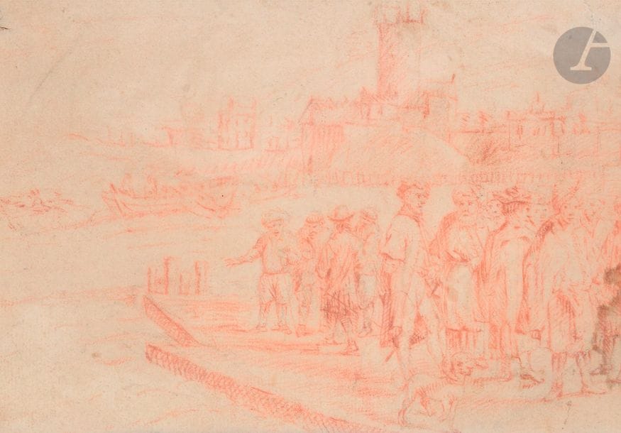 École FLAMANDE du XVIIe siècle
Scène de port animée
Sanguine.
(Pliures, déchirures).
12,5 x 18,5 cm