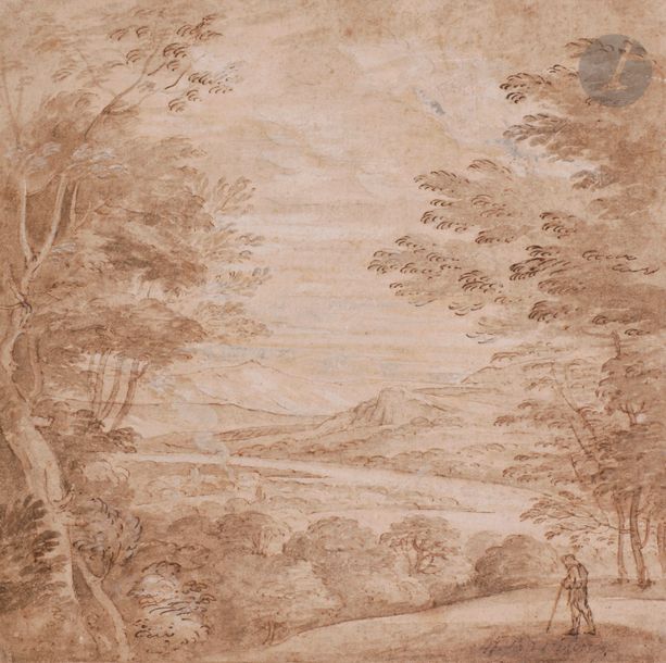 École du NORD du XVIIe siècle
Paysage fluvial animé
Plume et encre brune, lavis brun et rehauts de gouache blanche sur papier beige.
Traces d'initiales en bas à droite d'inscriptions peu lisibles " Joos Momper ? ".
(Dessin doublé, partiellement passé au stylet, légèrement insolé).
22,5 x 22,5 cm

Provenance : 
Vente Ader, Picard, Tajan, Paris, 3 décembre 1971, n° 11 (ancienne étiquette de vente au verso avec une note manuscrite).