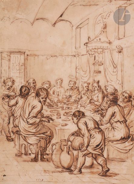École FLAMANDE du XVIIe siècle
Les Noces de Cana
Plume et encre brune, lavis brun sur traits de crayon noir.
Datée en bas à gauche " 1619 " et annotations peu lisibles en haut à droite.
(Déchirures en haut à gauche, insolée).
26 x 19 cm