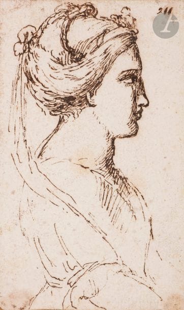 École de Annibale CARRACHE (1560 - 1605)
Tête de femme de profil
Numérotée en haut à droite " 211 ".
(Dessin doublé, rousseurs).
12 x 7 cm