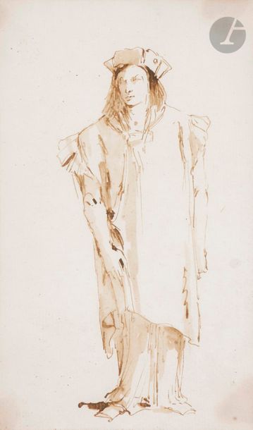 Giovanni Battista TIEPOLO (Venise 1696 - Venise 1770)
Personnage vénitien en pied regardant vers la gauche
Plume et encre brune, lavis brun.
(Pliures et petites taches).
22 x 13 cm