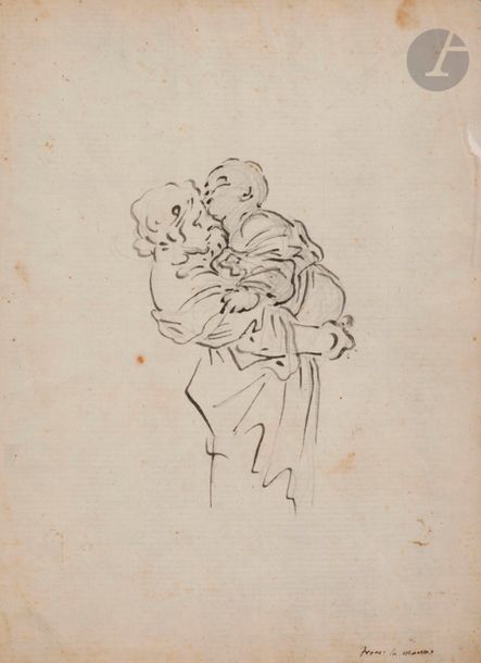 Francesco LA MARRA  (Naples 1710 - 1792)
Femme portant son enfant
Plume et encre noire sur traits de crayon noir.
Signée en bas à droite.
(Pliures et petites taches).
On joint une autre feuille du même artiste, femme et enfant avec des lutteurs.
27 x 19,5 cm