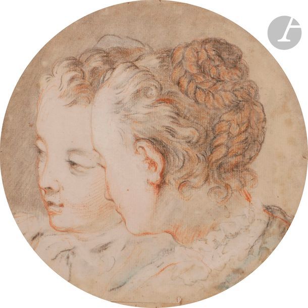 École BOLONAISE du XVIIIe siècle 
Double portrait de femmes
Sanguine, pierre noire et rehauts d'aquarelle, le chignon rajouté postérieurement.
(Deux petites bandes de papiers ajoutées dans le haut et dans le bas, pliures et petites taches).
15 x 15 cm

Provenance :
Vente Ader, Picard, Tajan, Paris, 4 novembre 1970, n° 61.