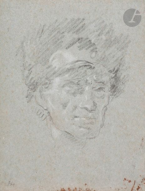 Giovanni Domenico TIEPOLO (Venise 1727 - Venise 1804)
Étude de tête au chapeau de fourrure
Pierre noire et rehauts de blanc sur papier bleu.
Traces d'annotations au verso à la plume et encre brune.
(Traces de restaurations).
20 x 15,5 cm

Provenance:
Vente anonyme, Sotheby's, New York, 21 janvier 2003, n° 81, reproduit.