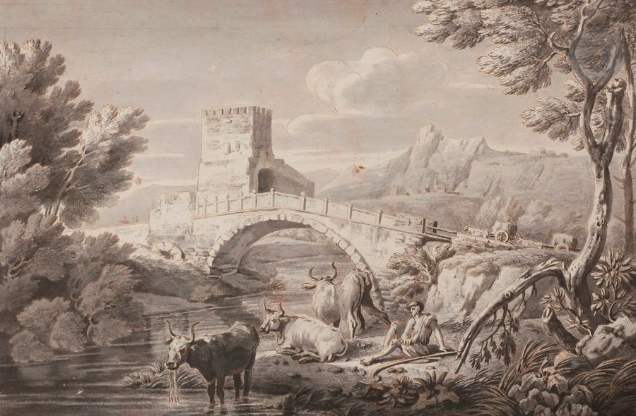 Attribué à Giovanni Battista BUSIRI 
(Rome 1698 - Rome 1757)
Paysage animé au pont avec berger et son troupeau
Plume et encre brune, lavis gris.
(Dessin doublé, légèrement insolé et petites taches).
On joint un paysage gravé par Gauermann et daté de 1806.
29,5 x 45 cm