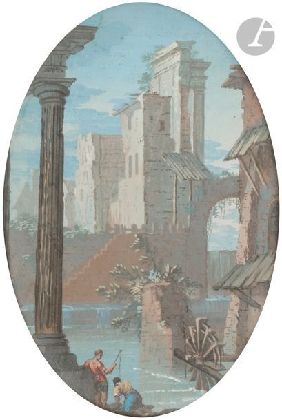 Pietro Giovanni GASPARI (Venise 1720 - Venise 1785)
Une paire de paysages animés avec des ruines
Gouaches.
Annotées et datées de façon peu lisible au verso " 1774 ? Ricci ? Gaspari ? ".
(Petites taches).
17,3 x 12 cm chacune de forme ovale