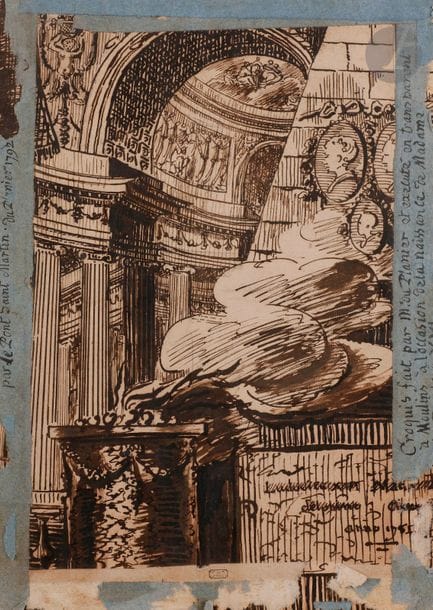 École FRANÇAISE du XVIIIe siècle
Allégorie présumée de la naissance du premier Dauphin Louis-Joseph de France, 1781
Plume et encre brune.
Annotation barrée dans le dessin : " Ludovico XVI (mot illisible) delphino anno 1781 ".
Inscription sur le montage : " Par Le Pont Saint Martin. Du Planier 1792 " - " Croquis fait par M. du Planier et exécuté en transparent à Moulins à l'occasion de la naissance de Madame... ".
Cachet Triqueti en bas sur le montage arraché (L.1304). 
(Dessin doublé, déchirure due à l'encre ferro-gallique dans le bas).
31 x 22 cm
